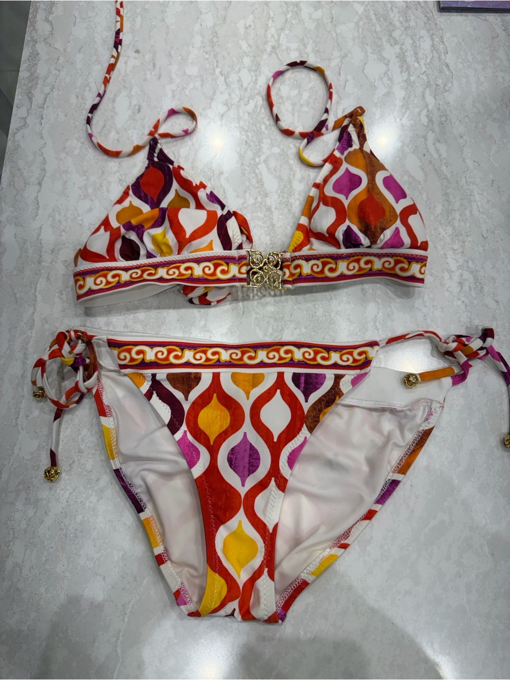 Trina Turk Multicolor Pink Orange Gold Patterned Bikini Top